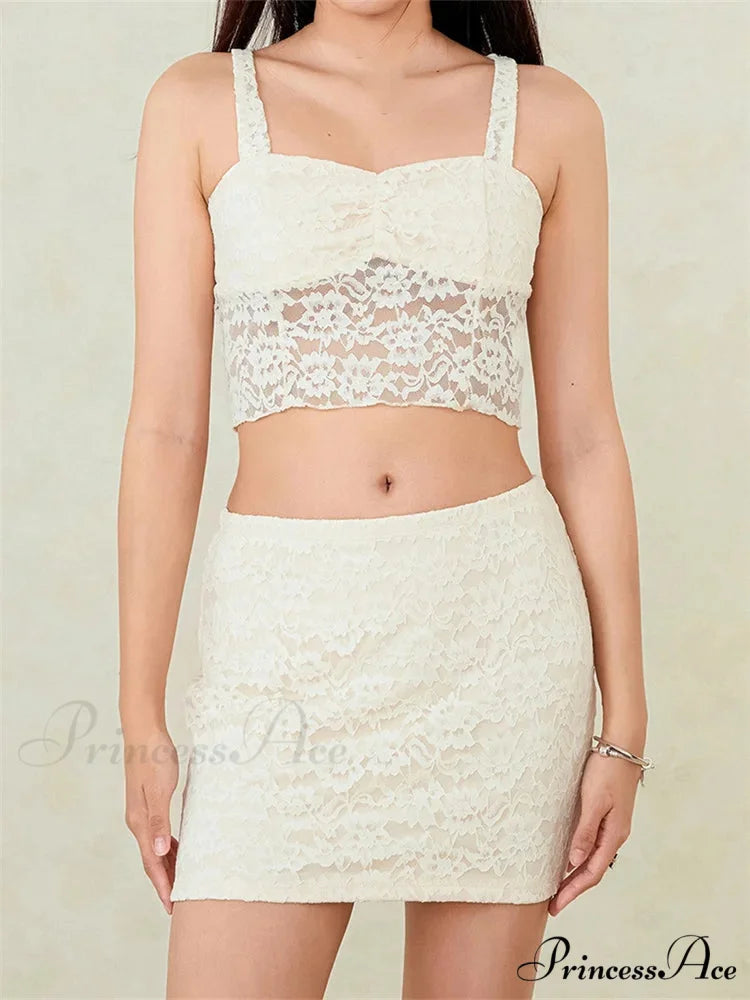 Seductive Lace Sleeveless Tank Crop Top with Brief Mini Skirt Set