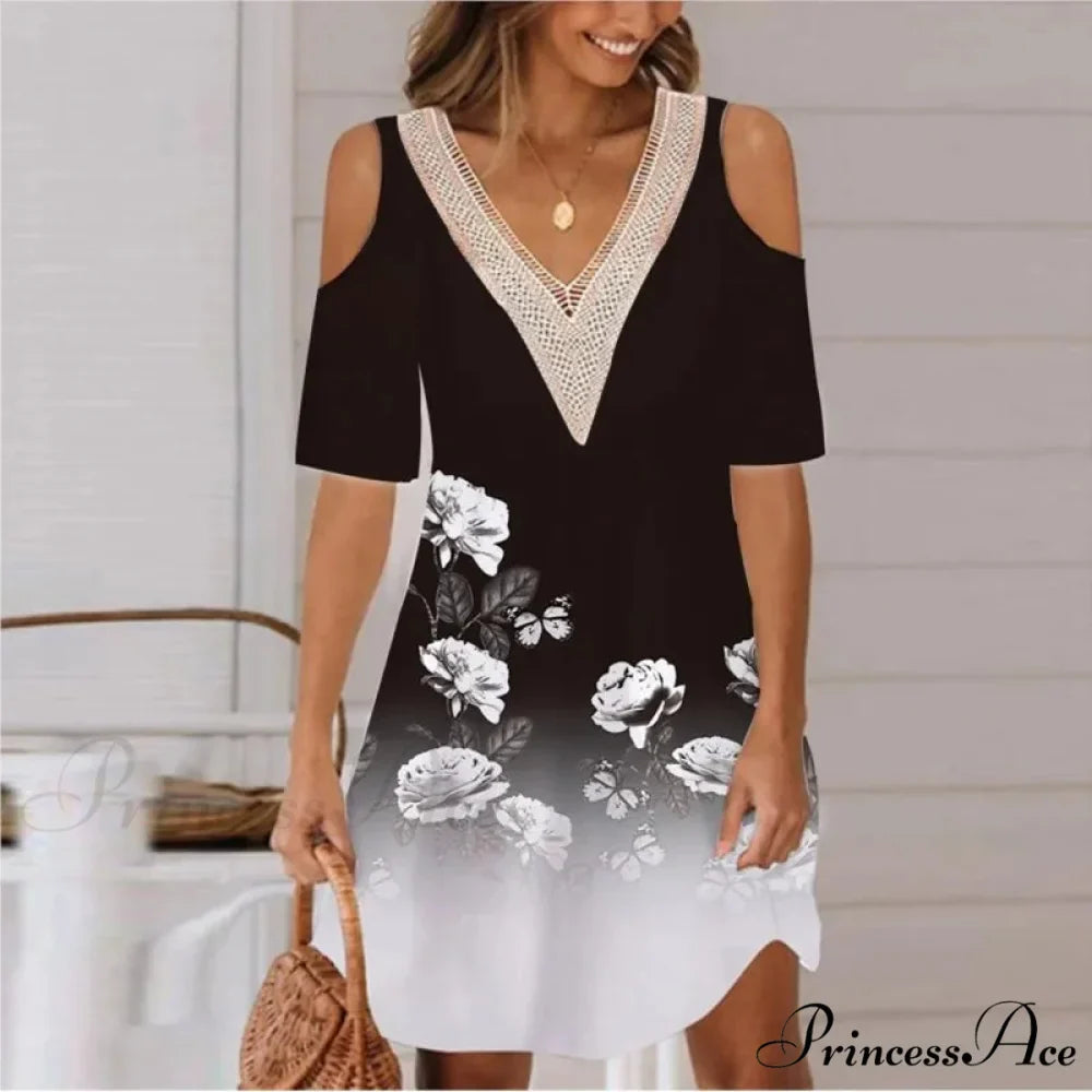 Seductive Off Shoulder Lace Splicing Celebration Floral A-line Dress