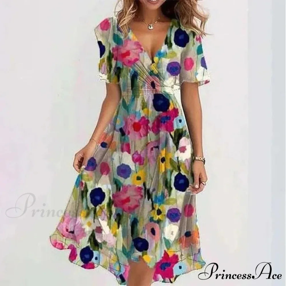 Seductive Plunging Neckline Flower Swing Dress