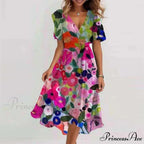 Seductive Plunging Neckline Flower Swing Dress
