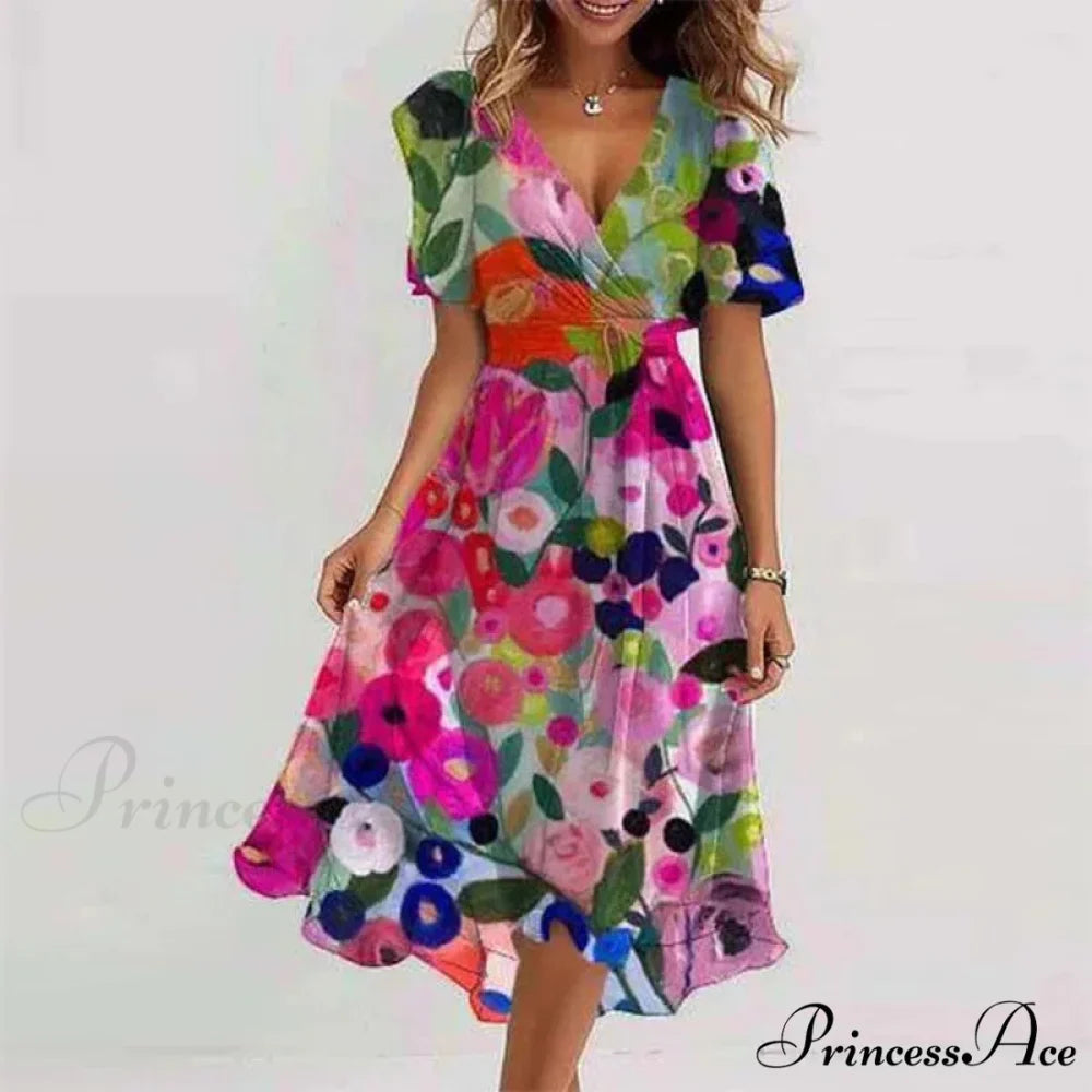 Seductive Plunging Neckline Flower Swing Dress