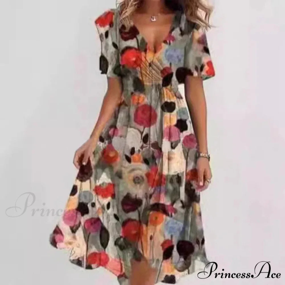 Seductive Plunging Neckline Flower Swing Dress
