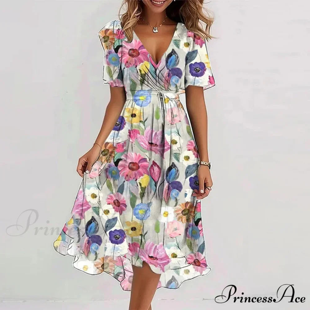 Seductive Plunging Neckline Flower Swing Dress