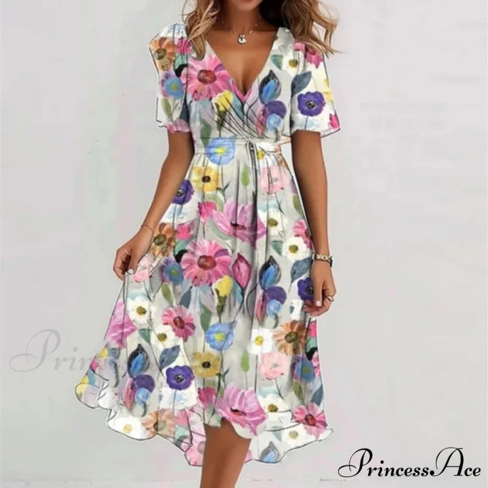 Seductive Plunging Neckline Flower Swing Dress