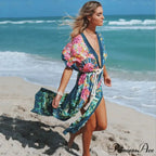 Seductive Side Split Beach Kaftan Tunic Boho Floral Print Summer Dress