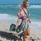 Seductive Side Split Beach Kaftan Tunic Boho Floral Print Summer Dress