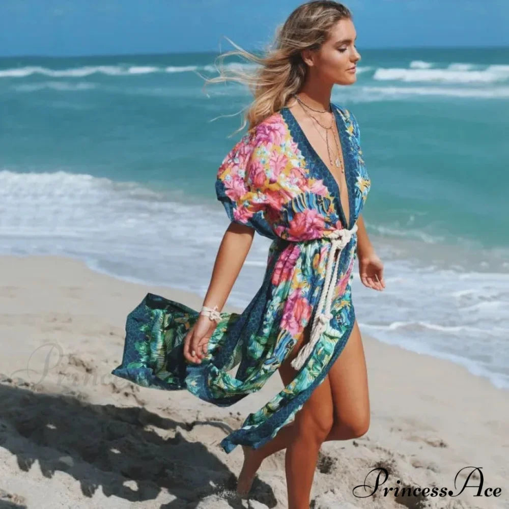 Seductive Side Split Beach Kaftan Tunic Boho Floral Print Summer Dress