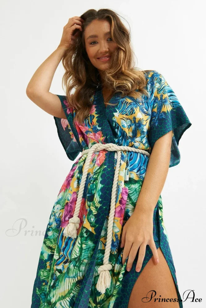 Seductive Side Split Beach Kaftan Tunic Boho Floral Print Summer Dress