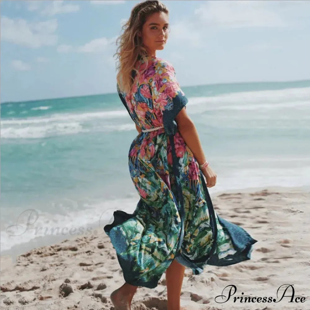 Seductive Side Split Beach Kaftan Tunic Boho Floral Print Summer Dress