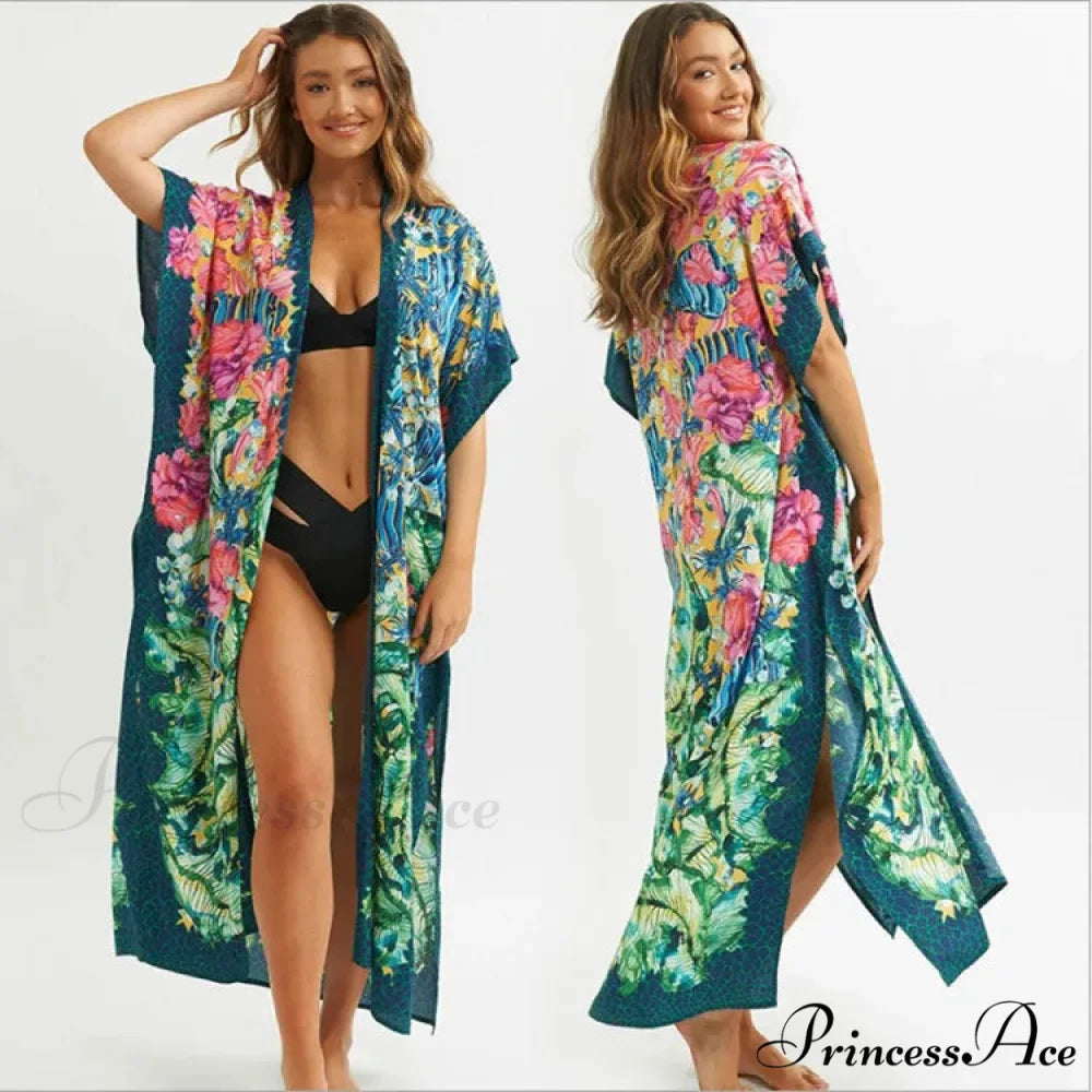 Seductive Side Split Beach Kaftan Tunic Boho Floral Print Summer Dress