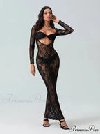 Seductive Transparent Lace Sheer Long Sleeve Beach Floral Dress