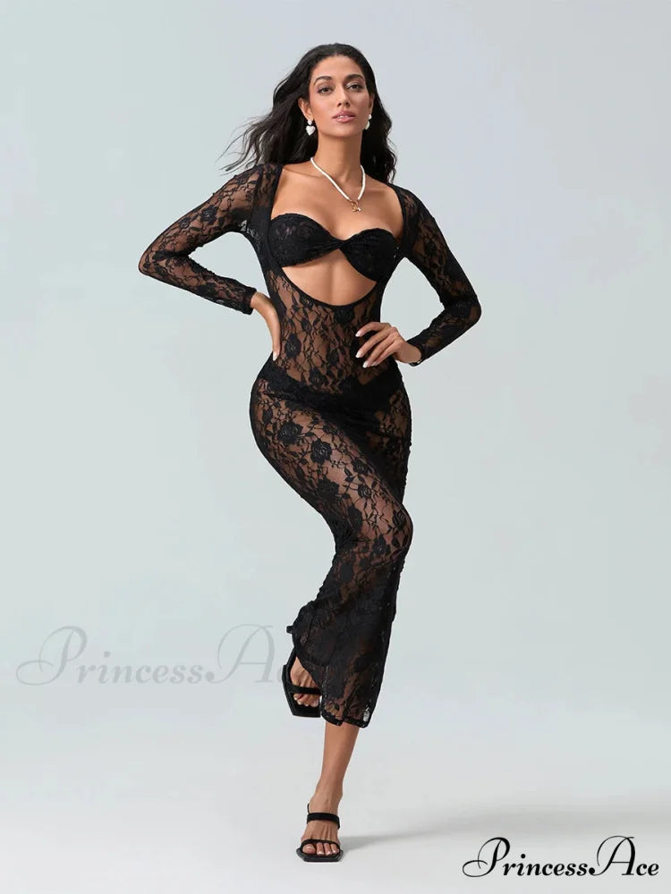 Seductive Transparent Lace Sheer Long Sleeve Beach Floral Dress