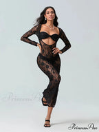 Seductive Transparent Lace Sheer Long Sleeve Beach Floral Dress