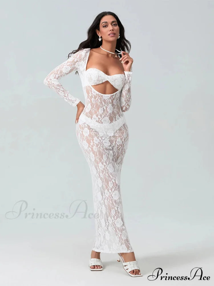 Seductive Transparent Lace Sheer Long Sleeve Beach Floral Dress
