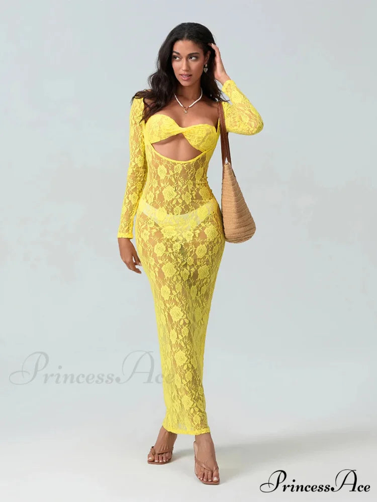 Seductive Transparent Lace Sheer Long Sleeve Beach Floral Dress
