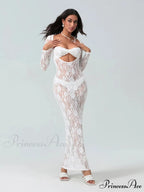 Seductive Transparent Lace Sheer Long Sleeve Beach Floral Dress