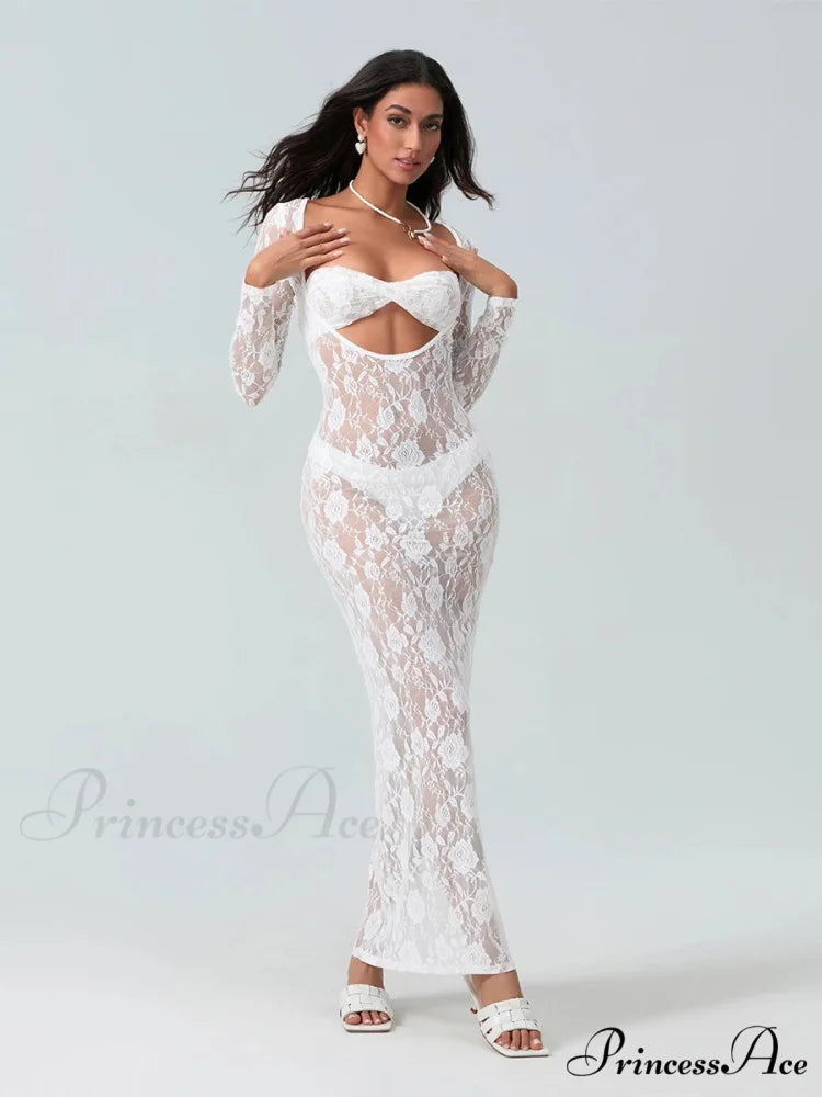 Seductive Transparent Lace Sheer Long Sleeve Beach Floral Dress