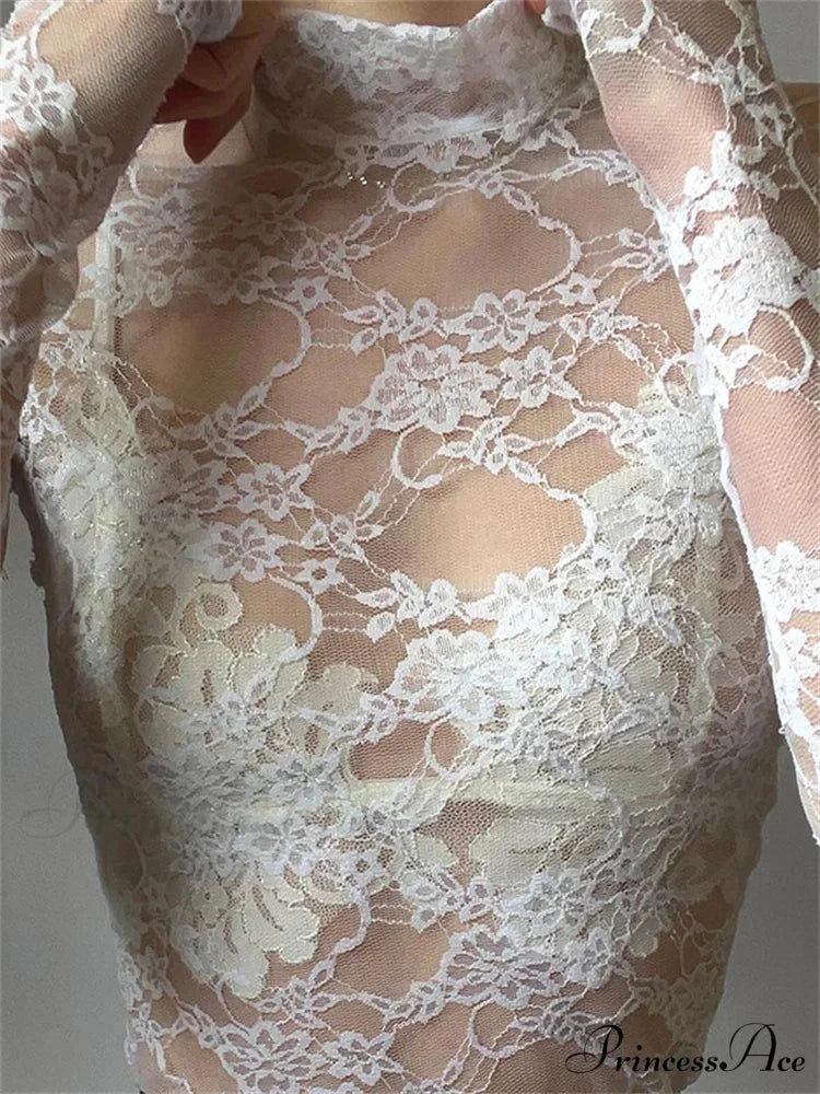 See Through Crop Top Long Sleeve High Neck Lace Floral Slim Fit T-shirts