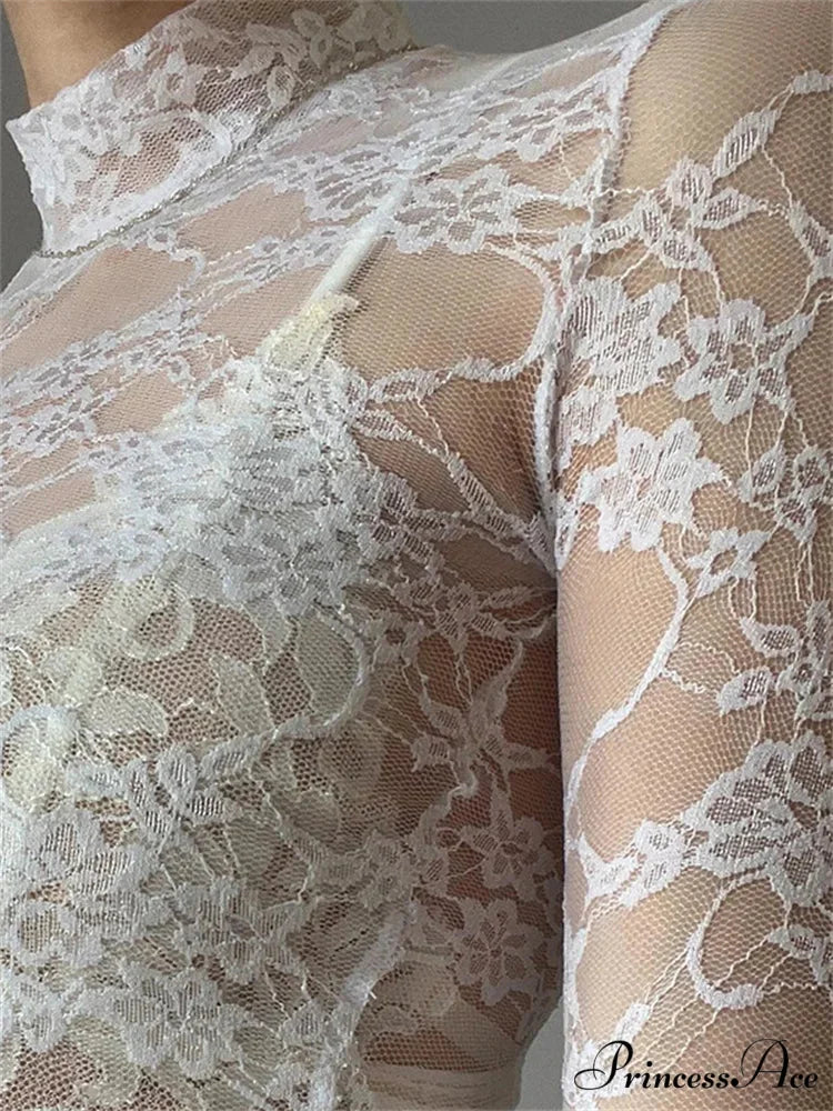 See Through Crop Top Long Sleeve High Neck Lace Floral Slim Fit T-shirts