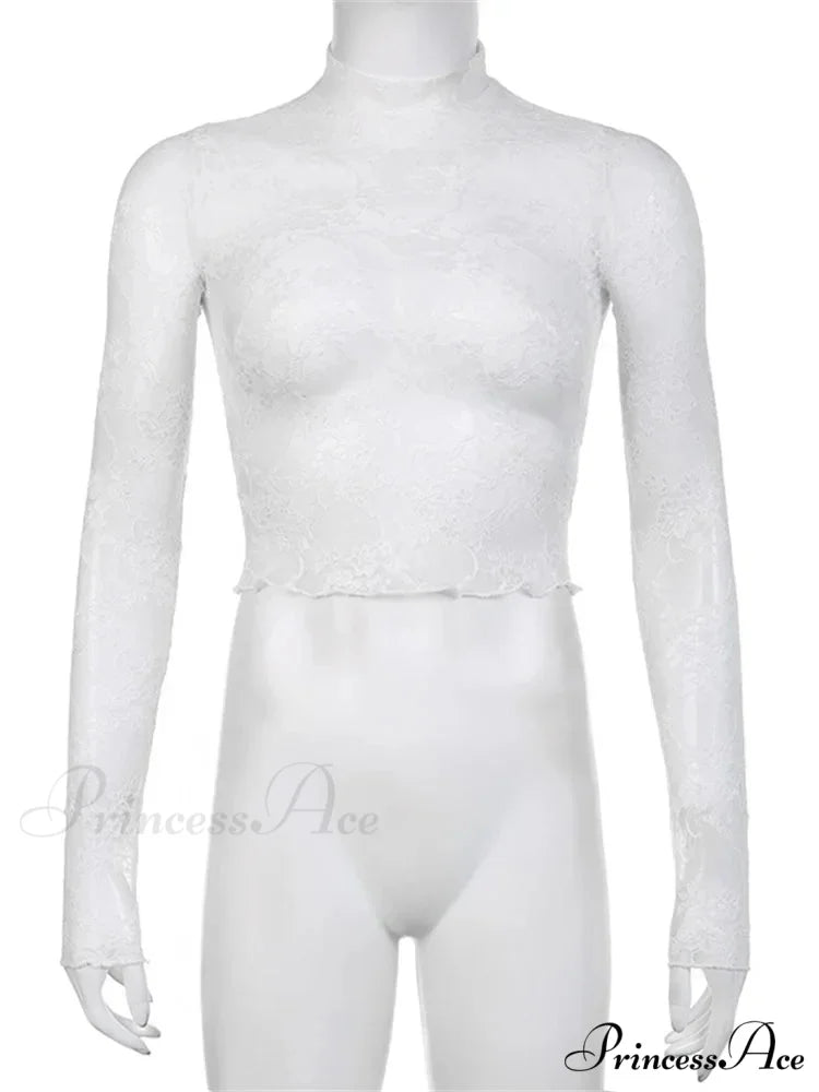 See Through Crop Top Long Sleeve High Neck Lace Floral Slim Fit T-shirts