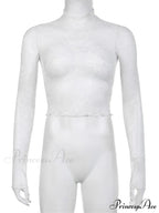 See Through Crop Top Long Sleeve High Neck Lace Floral Slim Fit T-shirts