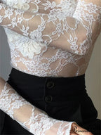 See Through Crop Top Long Sleeve High Neck Lace Floral Slim Fit T-shirts