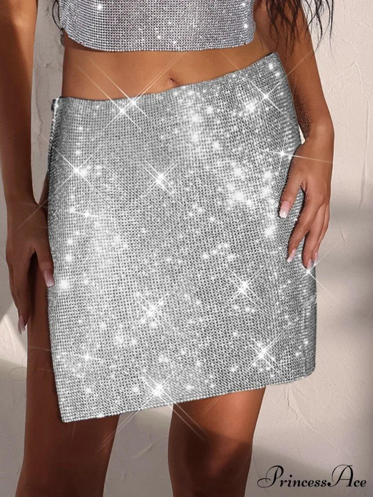 See Through Rhinestone Mini Skirt