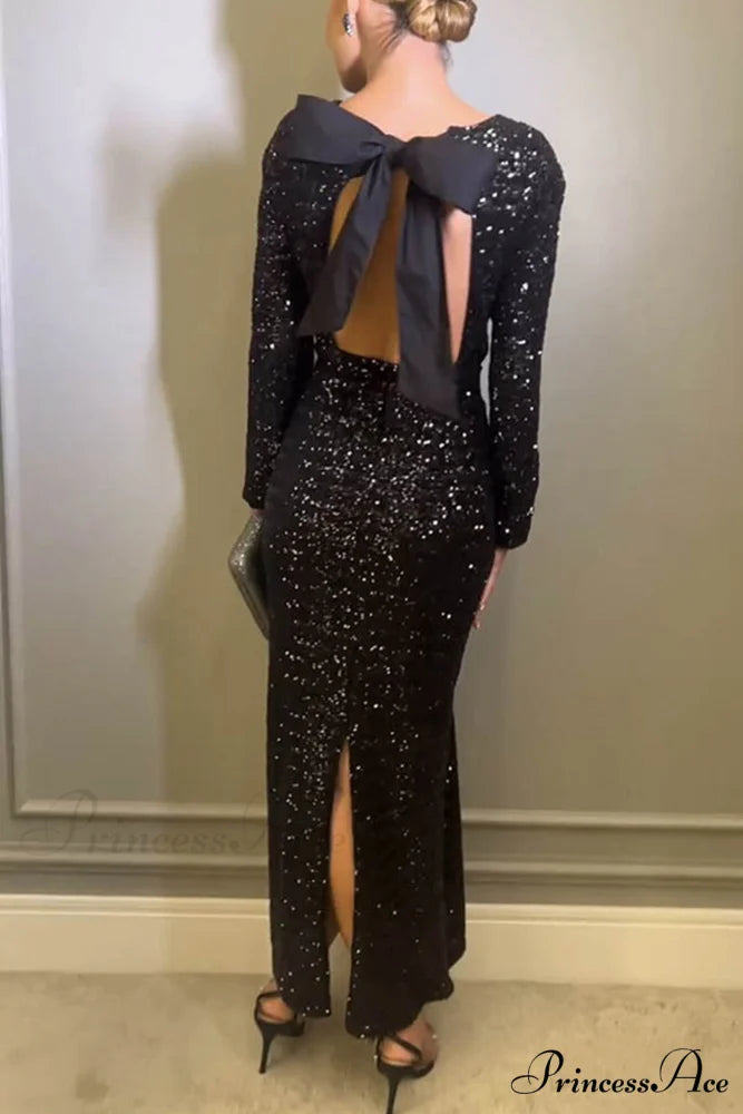 Sequin Bow Backless Dress with Slit