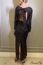 Sequin Bow Backless Dress with Slit
