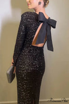 Sequin Bow Backless Dress with Slit