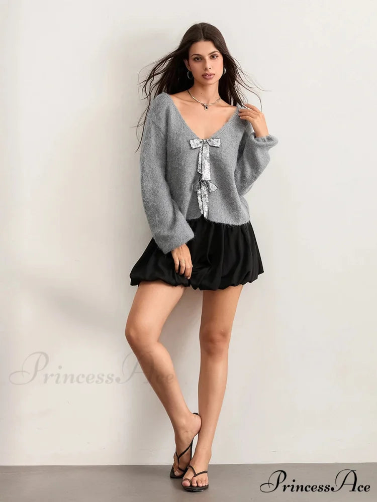 Sequin Bow Front Tie Loose V-neck Cardigan