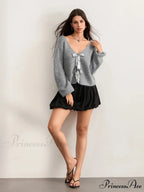 Sequin Bow Front Tie Loose V-neck Cardigan