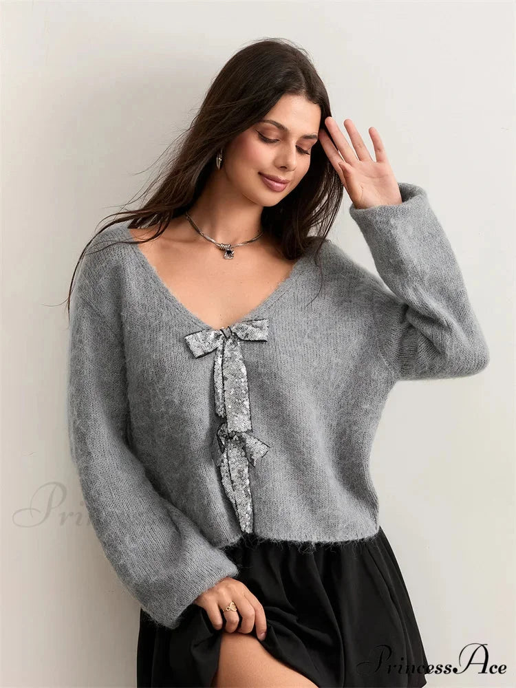 Sequin Bow Front Tie Loose V-neck Cardigan
