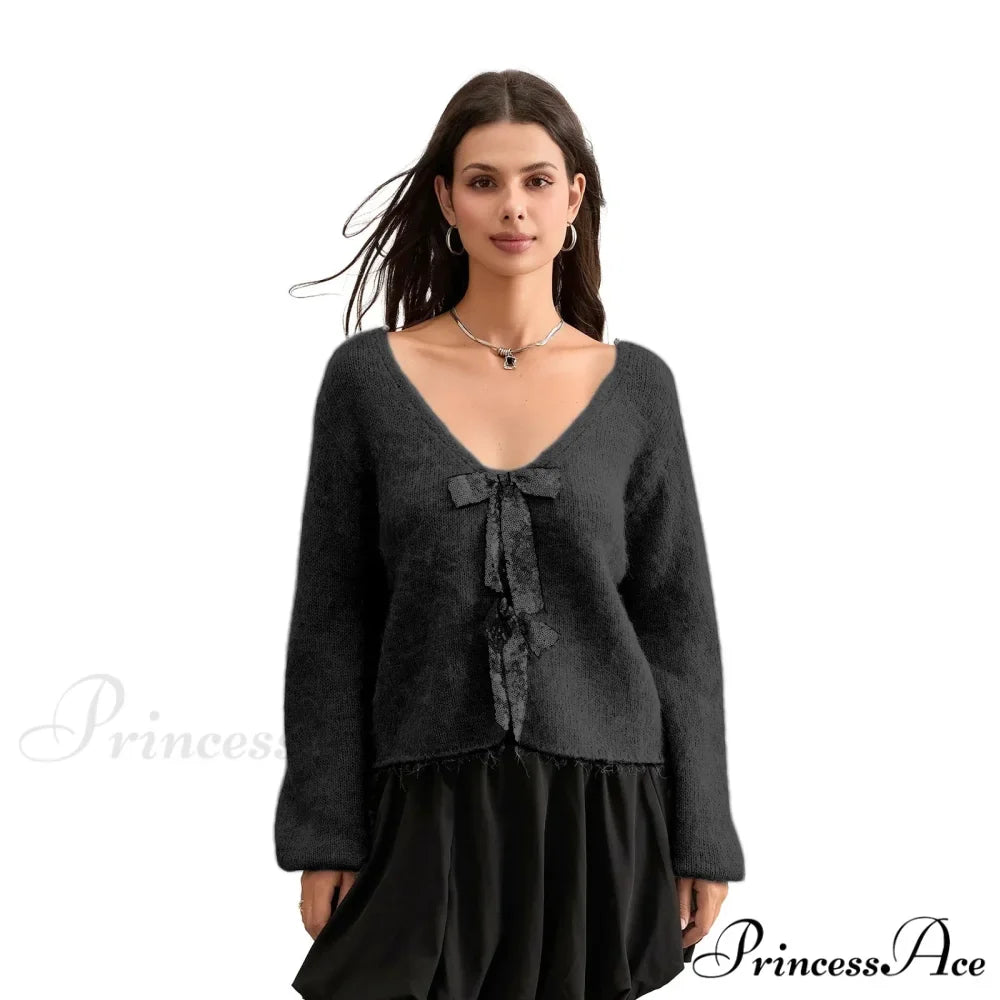 Sequin Bow Front Tie Loose V-neck Cardigan