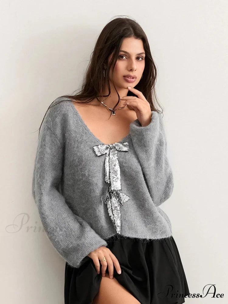 Sequin Bow Front Tie Loose V-neck Cardigan