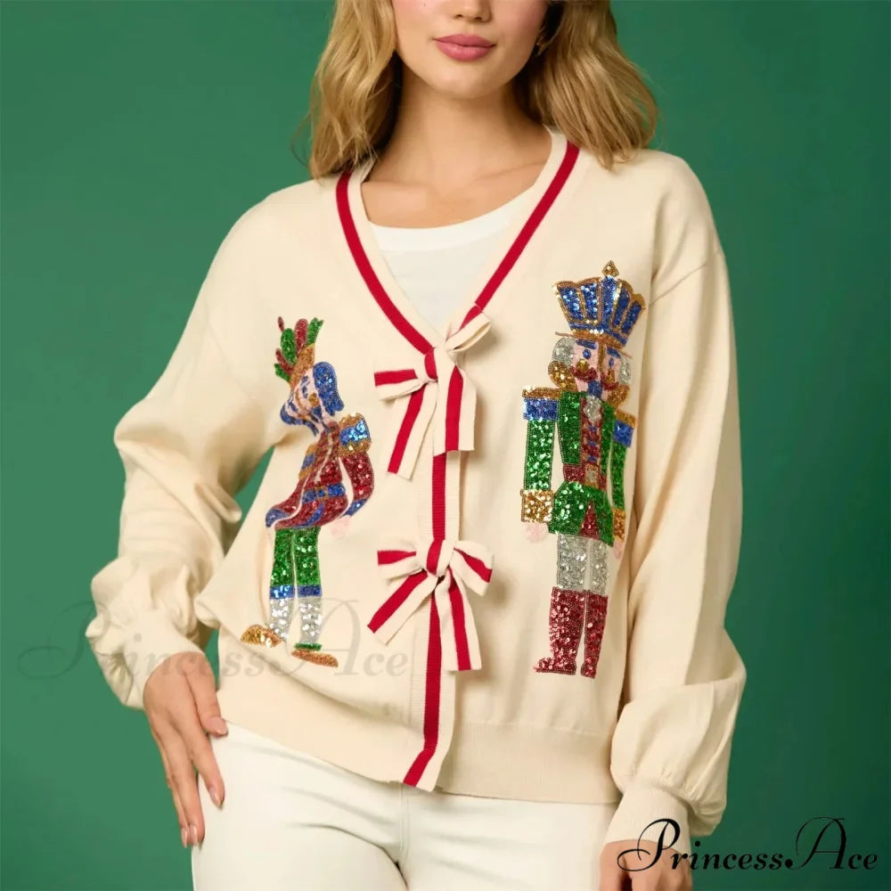Sequin Christmas Nutcracker V-neck Cardigan