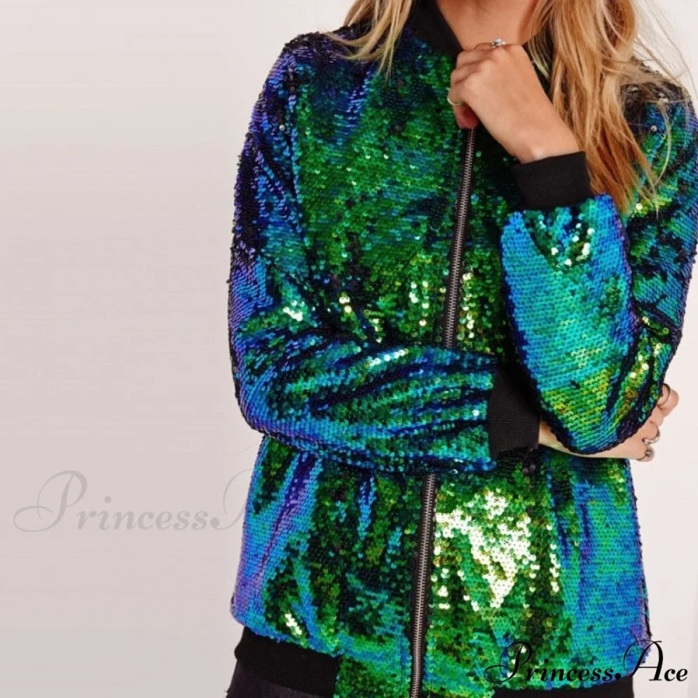 Sequin Green Bomber Zipper Coat
