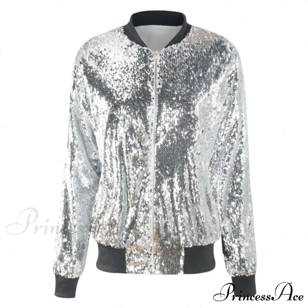 Sequin Green Bomber Zipper Coat