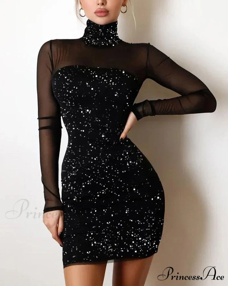 Sequin Sheer Mesh Glitter Long Sleeve Party Dress