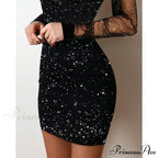 Sequin Sheer Mesh Glitter Long Sleeve Party Dress