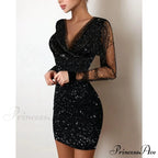 Sequin Sheer Mesh Glitter Long Sleeve Party Dress