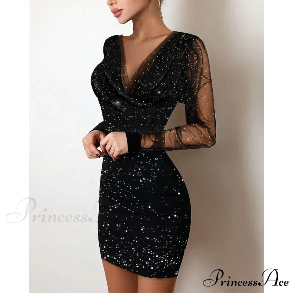Sequin Sheer Mesh Glitter Long Sleeve Party Dress