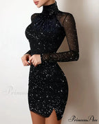 Sequin Sheer Mesh Glitter Long Sleeve Party Dress