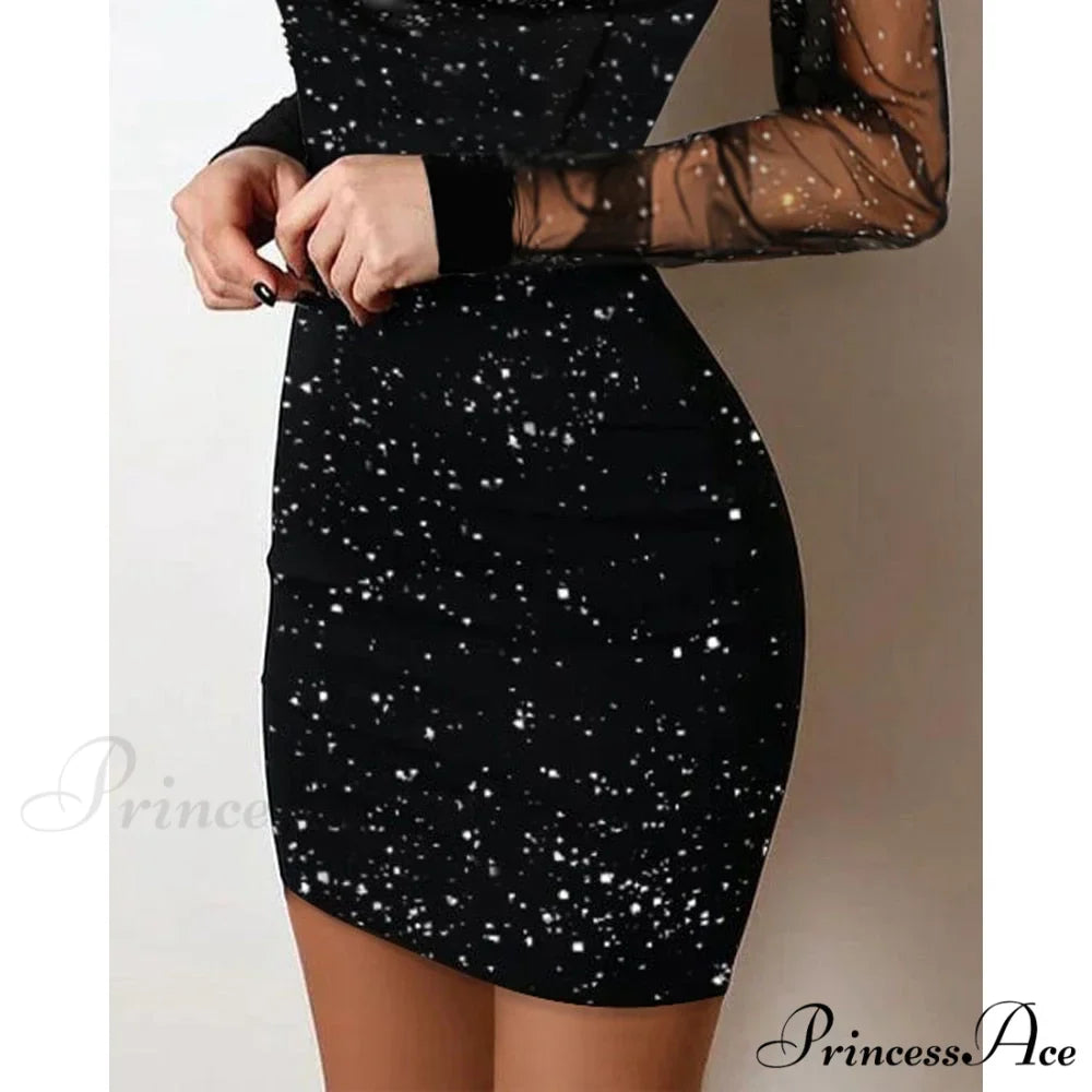 Sequin Sheer Mesh Glitter Long Sleeve Party Dress