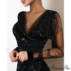 Sequin Sheer Mesh Glitter Long Sleeve Party Dress