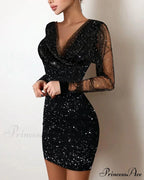 Sequin Sheer Mesh Glitter Long Sleeve Party Dress