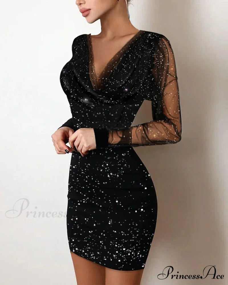 Sequin Sheer Mesh Glitter Long Sleeve Party Dress