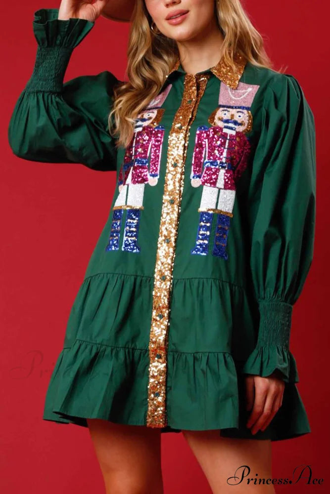 Sequin Tiered Mini Dress with Lapel Button Up