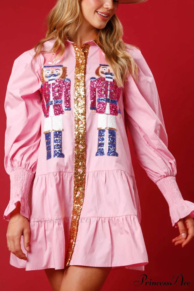 Sequin Tiered Mini Dress with Lapel Button Up