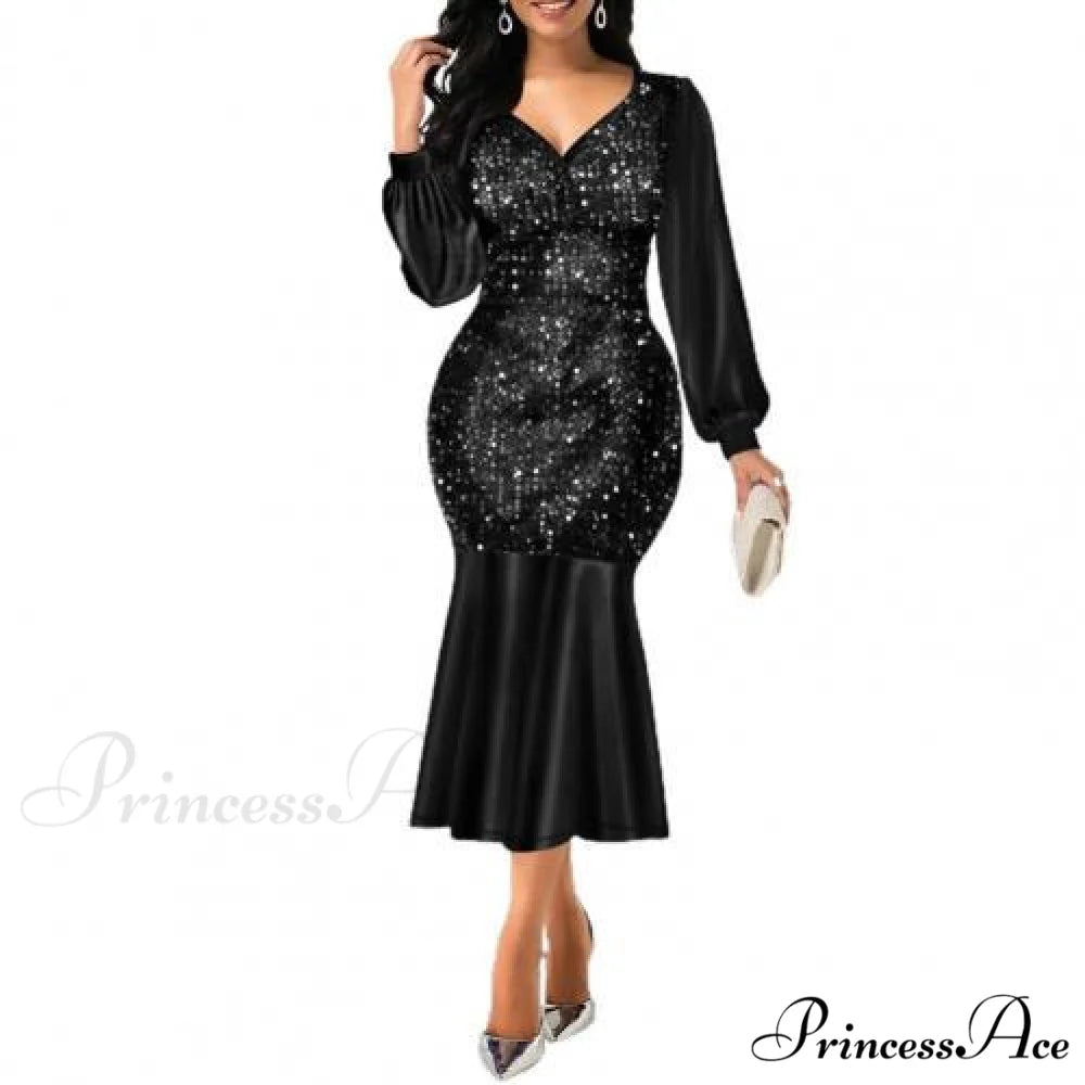 Sequin V Neck Shiny Long Sleeve Patchwork Dress